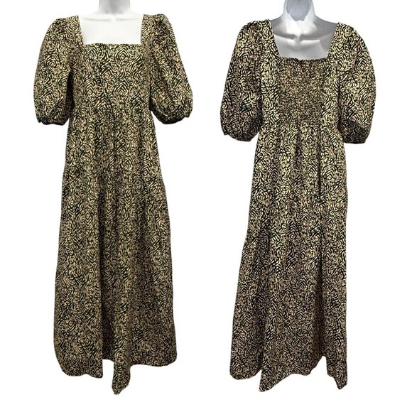MNG Mango Dresses & Skirts - Mango Square Neck Puff Sleeve Cotton Midi Dress Floral Animal Tan Black Size S/4